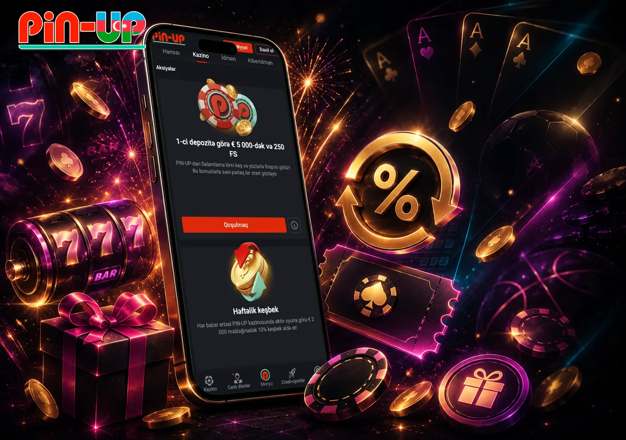 Pin Up bonus proqramı smartfon ekranı, hədiyyə, free spinlər və aktiv promo vurğuları ilə